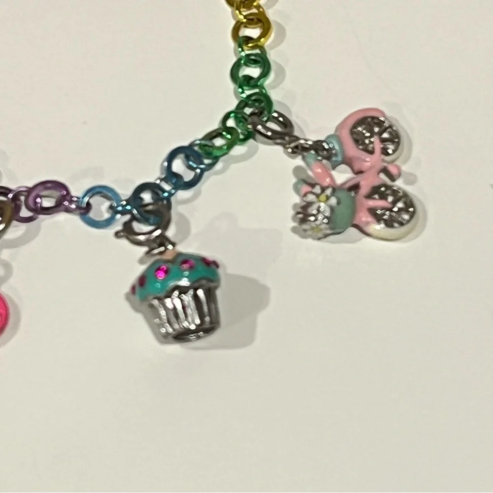 Charm It! Rainbow Charm Bracelet w/ 6 Charms Diary, Bike, Backpack, Heart, Cat